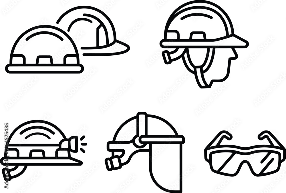 Fototapeta premium Set of Hard Hats and Construction Tools Vector Illustration for Safety Equipment, Protective Helmets and Industrial Work Design