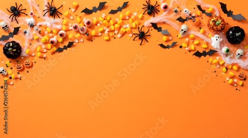 A festive halloween background featuring a top border of scattered spiders bats and orange candy corn decorations on a vibrant solid orange flat lay surface