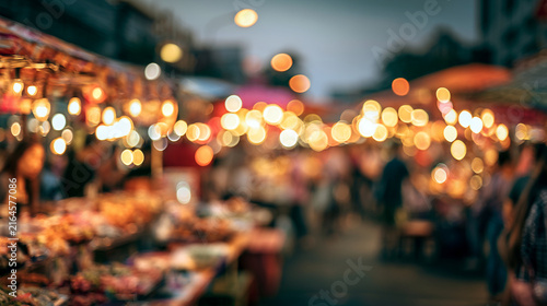 Night market street scene with blurred stalls and glowing bokeh lights from hanging