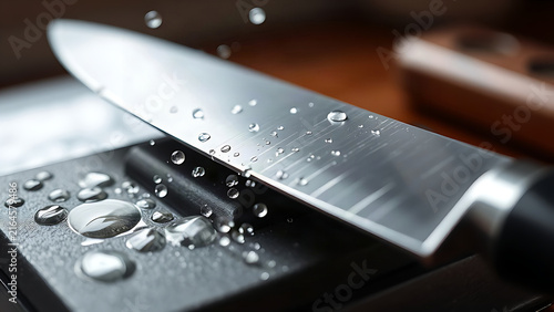 Chef's knife being sharpened on whetstone with water droplets.
