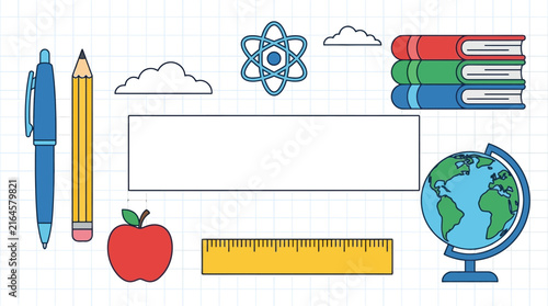 School education vector background, flat line art icons on grid paper, back to school banner with stationery and science symbols