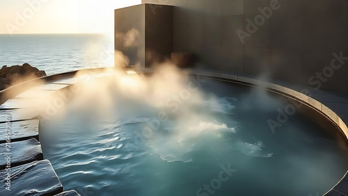 Stone bathing pool with steam at seaside spa.