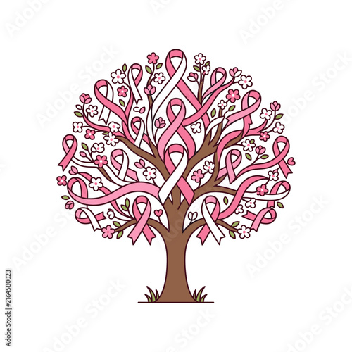 Breast Cancer Awareness Tree Illustration with Pink and White Ribbons