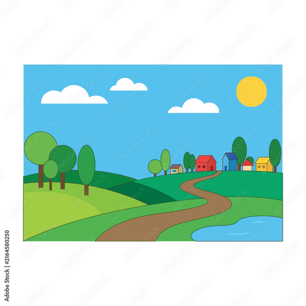 Fototapeta premium Scenic country landscape vector illustration with winding road green hills small village houses sun clouds pond rural scenery nature landscape vector countryside summer scenery sunny day