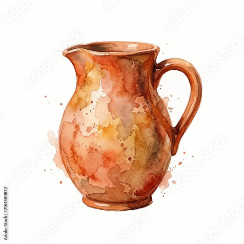 Hand painted watercolor terracotta pitcher with rustic textures and warm earthy colors on a white background