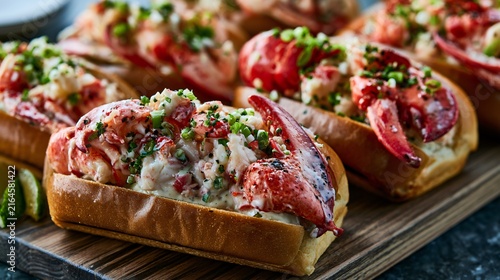 Modern asymmetrical arrangement featuring lobster rolls partially extending beyond the frame creating dynamic commercial tension