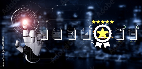 Canvas Print Futuristic Digital Interface Showing Robotic Hand Interfacing with Data and Certificate Icons in a High-Tech Environment Fluxor