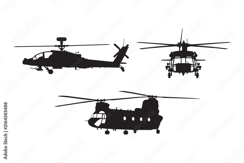 Obraz premium Set of military helicopter silhouettes in black