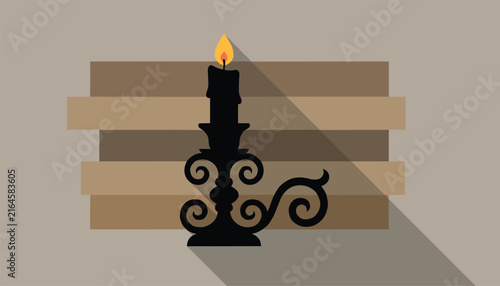 Vintage black candlestick with burning flame casting long shadow against a wooden plank pattern background.