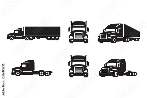 Black silhouette icons of semi trucks and cargo trailers