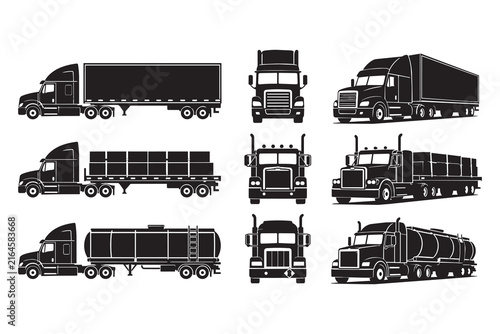 Black silhouette collection of heavy semi trucks and trailers