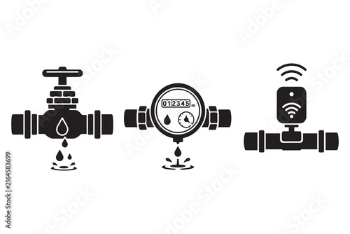 Water valve meter and smart sensor icons set