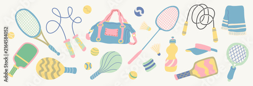 tennis, badminton, jump rope set in doodle style in vector. Element for design advertisement mail posts poster print postcard banner decor backgrounds