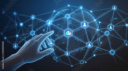 Global network connection with human hand touching digital earth illustration representing worldwide data and communication technology