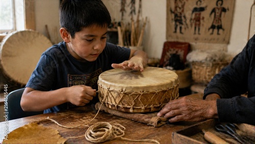 Young Boy Touching a Handcrafted Leather Drum in a Workshop