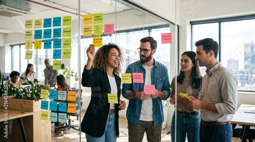 Diverse Business Team Brainstorming and Planning Project Strategy on Glass Wall with Sticky Notes