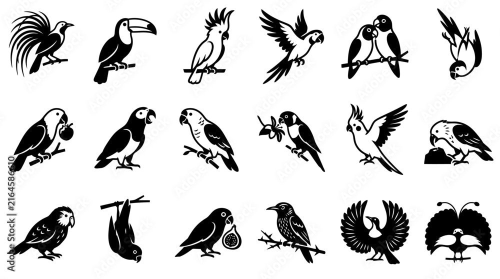 Naklejka premium Exotic tropical bird silhouette collection featuring parrot toucan cockatoo lovebird and bird of paradise icons