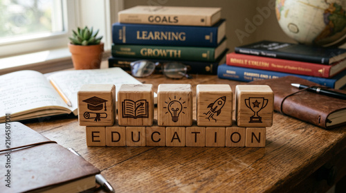 Wooden Blocks Spelling Education with Icons and Books Concept on Study Desk