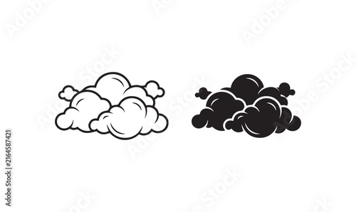 Fluffy cumulus cloud icon set outline and silhouette monochrome vector illustration.