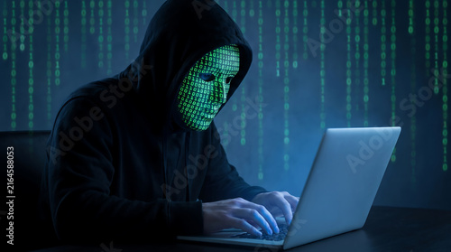 Obraz na płótnie Anonymous hacker typing on laptop with binary code background digital security and cybercrime concept