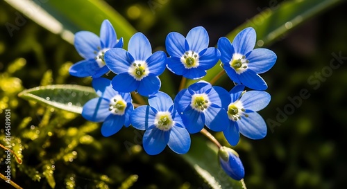 Top-down view of vibrant blue spring flowers with bright yellow centers in a delicate cluster on green moss, embodying nature's fresh beauty and renewal