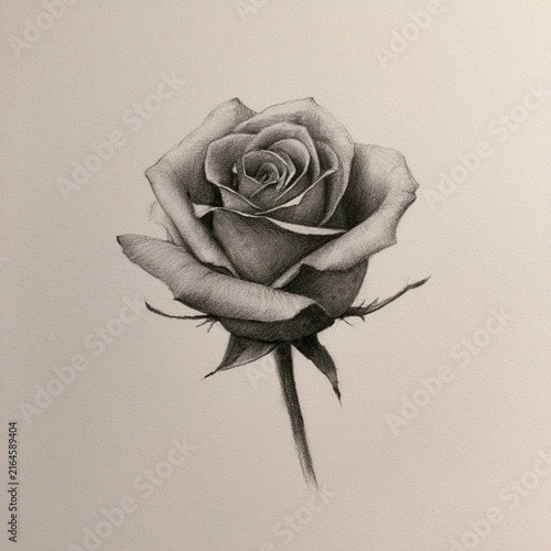 A beautiful single rose rendered as a detailed graphite pencil drawing, featuring soft shading and elegant hand-sketched lines.