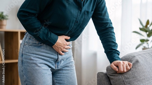Close up view of a woman holding her abdomen while experiencing painful stomach cramps.