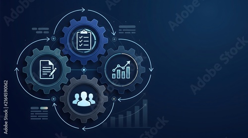 Business process workflow with gears and icons
