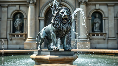 Majestic silver lion statue in a classical stone fountain, water droplets in soft daylight.