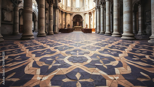 Geometric mosaic floor pattern in purple and white stone inside an ancient church.