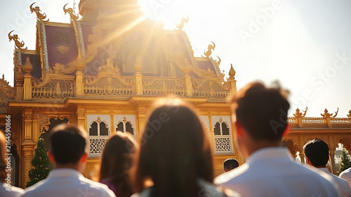 The ornate golden roof of a temple gleaming under sunlight, with blurred figures in white in foreground.