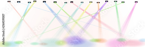 Colorful stage spotlights shining down on a white floor with vibrant light beams