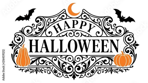 Vintage ornate happy halloween greeting card design with pumpkins bats and a crescent moon on white background