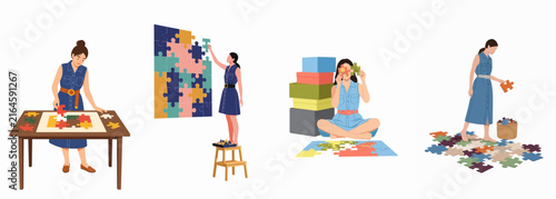 Vector illustration set of women assembling different jigsaw puzzles in various indoor settings, depicting problem-solving, patience, and leisure activities.