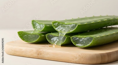 Sliced fresh aloe vera leaves revealing clear translucent inner gel with textured medicinal pulp for skincare