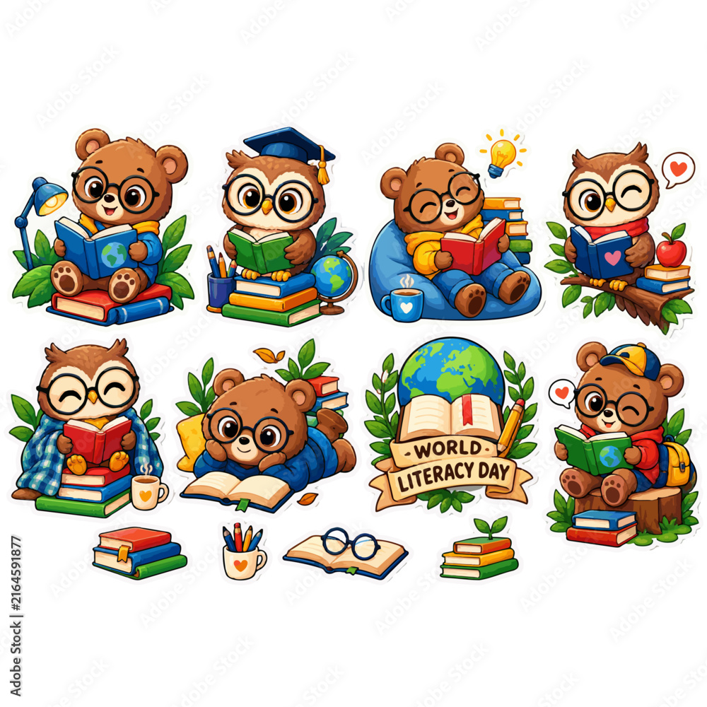 Fototapeta premium Cute teddy bear and wise owl reading books sticker set for World Literacy Day concept with globe and educational stationery clipart vector illustration isolated on transparant background