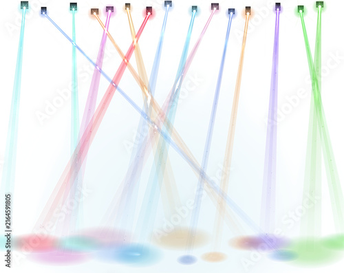 Colorful stage spotlights shining down on a white floor with vibrant light beams