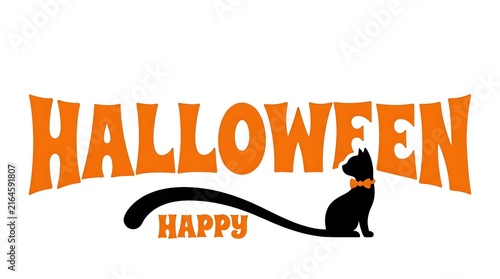 Happy halloween text with a silhouetted black cat against a white background