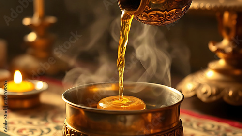 Golden oil pouring from ornate silver vessel into container, ceremonial atmosphere.