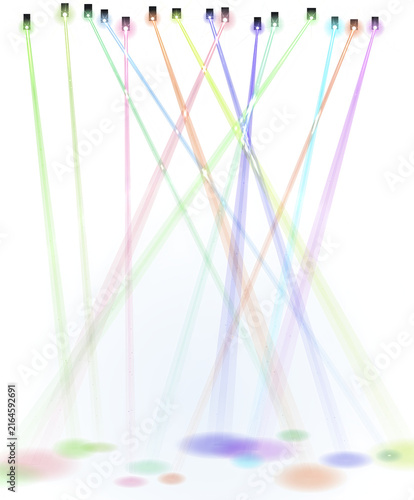 Colorful light beams shining down with circular spots