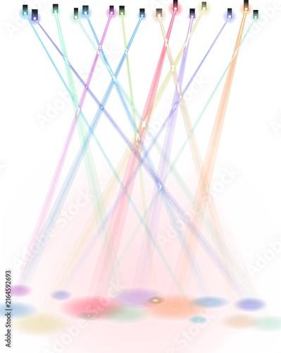 Colorful light beams shining down on a floor
