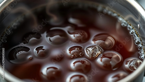 Dark caramel syrup boiling in metal pot, viscous bubbles rising.
