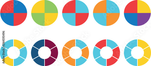 Colorful Circle and Donut Pie Chart Infographic Element Set with Segmented Fractions for Business Data Presentation, Statistics, Analytics, and Financial Reporting Graphic Designs