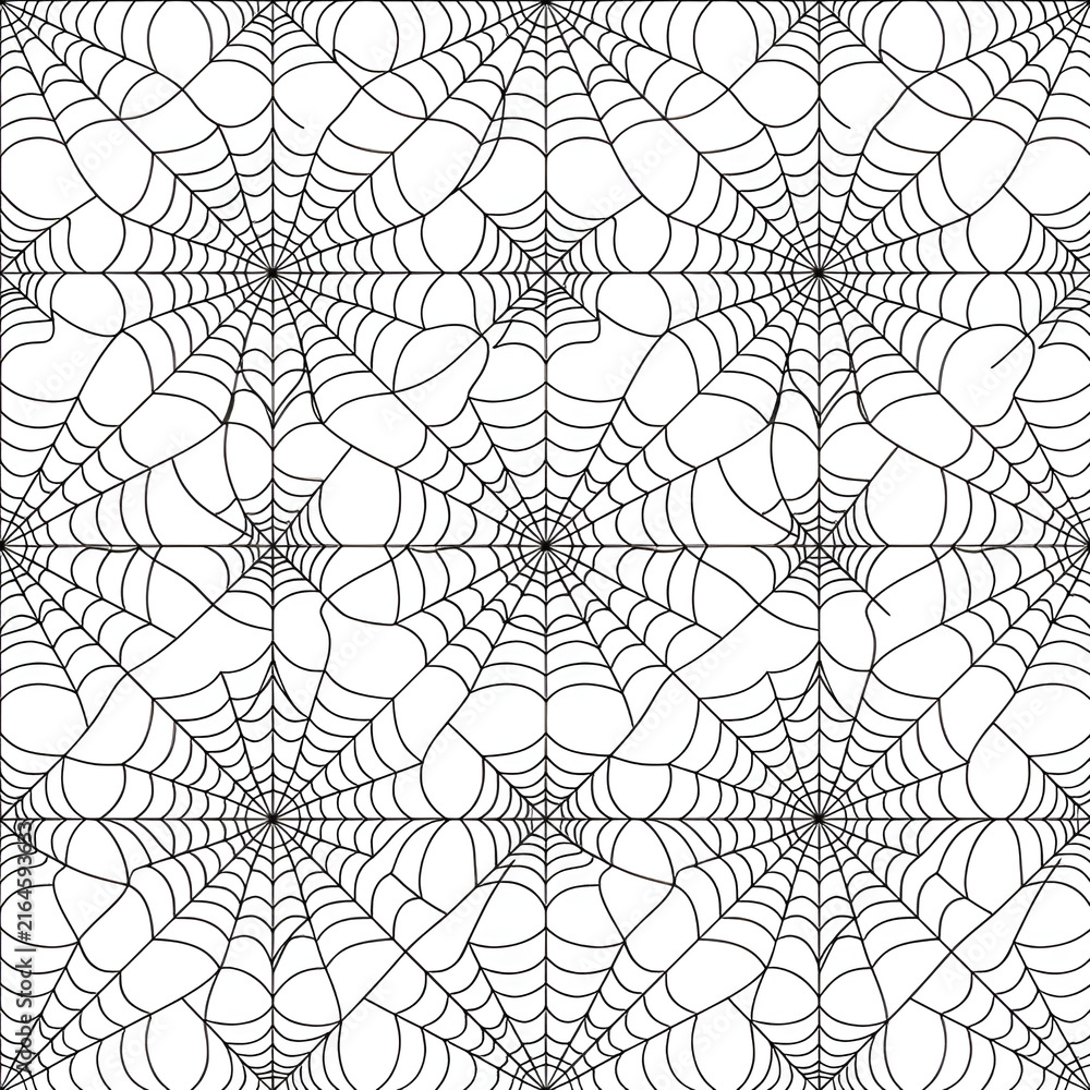 Seamless spiderweb pattern, black and white spider web background, spooky Halloween texture, linear graphic design