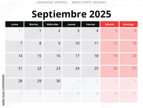 Spanish September 2026 calendar – Septiembre. Monthly vector illustration Spain