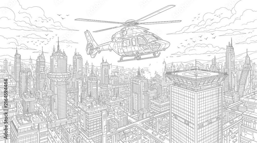 Obraz premium ]Helicopter flying over modern city skyline during urban rescue or surveillance mission