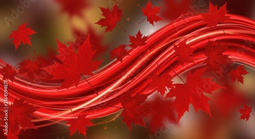 Abstract background with red maple leaves and motion lines