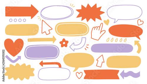 Vector set of blank speech bubbles, hand cursor pointers, directional arrows, and decorative hearts for video blog overlays, web design, and social media post creation