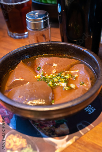 Bild auf Leinwand A plate of Taiwanese duck blood tofu is arranged neatly for a hotpot meal