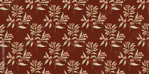 Elegant vintage botanical seamless pattern with leafy branches and tiny blossoms on rich brown. A refined naturе -inspired design for wallpaper, fabric, stationery, home decor and packaging.